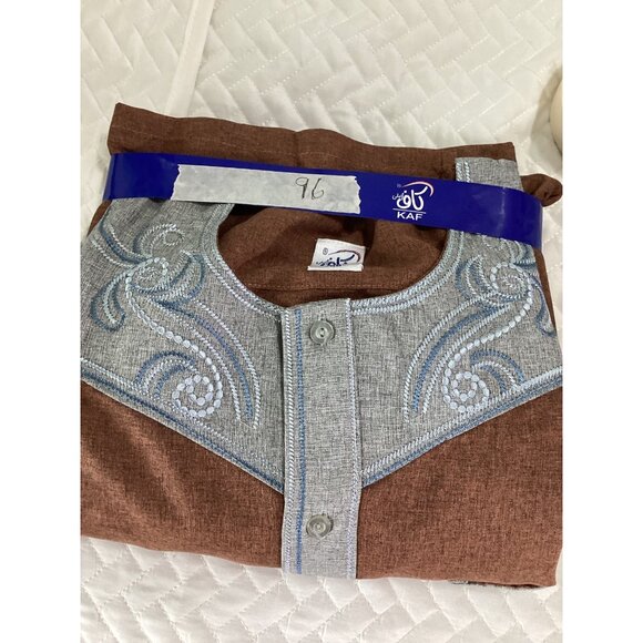 Brown KAF Mens Traditional Thobe & Pants Set With Embroidered Details Size 58 - Picture 7 of 11